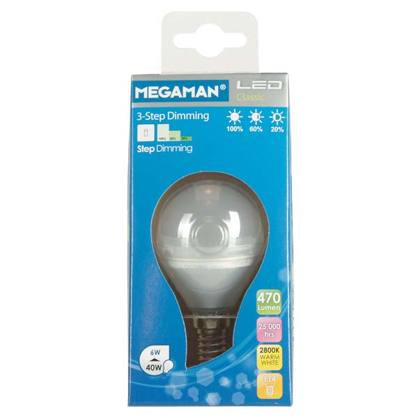 Megaman LED pære, Step dimming, E14 krone, 6W - 470lm - Bahne